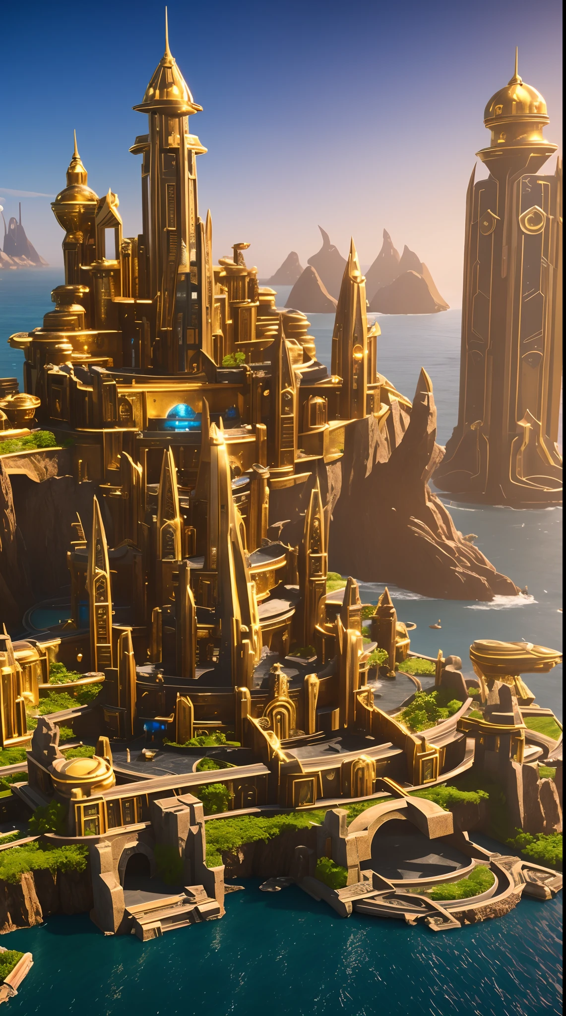 Atlantis city landmark, unique futuristic exterior golden landmark, futuristic ancient building in around, realistic 3d randering, unreal engine 5, masterpiece composition, dynamic low angle wide shot, dramatac lighting, cinematic, UHD, highly detailed texture, sharp focus, fantasy mystery atlantis city landscape, perfect object, trending on art station
