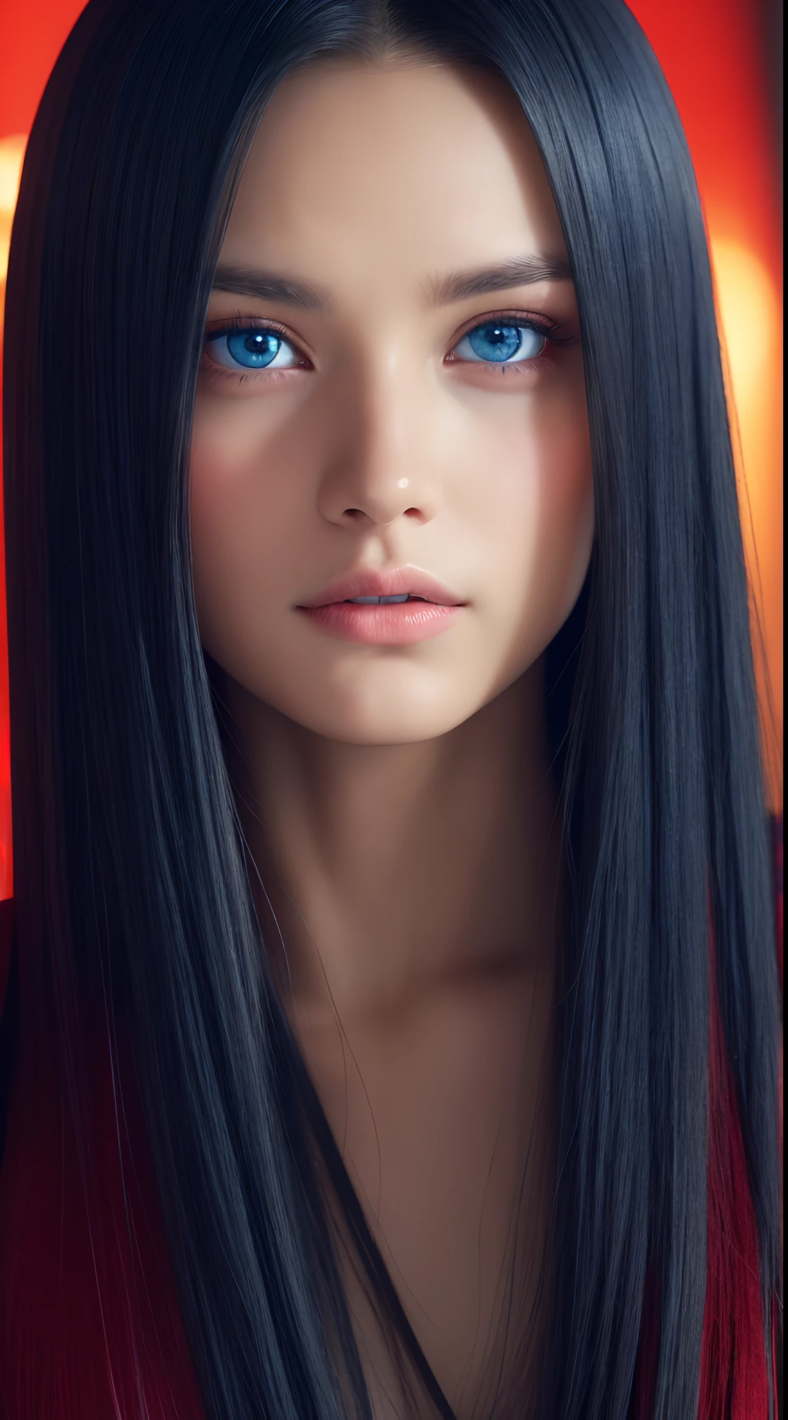 Best quality, 4K, high resolution, Masterpiece:1.2, super ultra detail, (Realistic, Photorealistic, photo-realistic:1.37), Vibrant red and blue eyes,Strong gaze,Mesmerizing eye contact,Fire-red iris,Dark blue shining stars,Shining pupils,Vivid colors,Portrait,Fantasy art,Magical red light,Ethereal beauty,Red color palette,Heterochromia is described in particular detail,Long yellow hair。