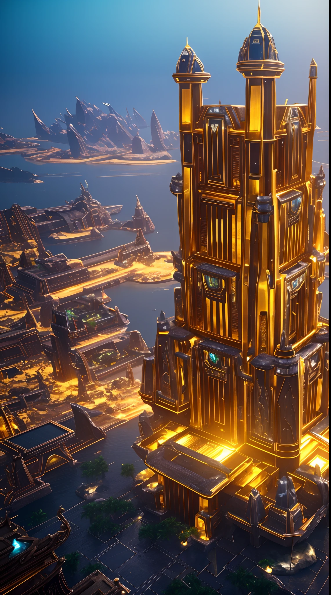 Atlantis city landmark, unique futuristic exterior golden landmark, futuristic ancient building in around, realistic 3d randering, unreal engine 5, masterpiece composition, dynamic low angle wide shot, dramatac lighting, cinematic, UHD, highly detailed texture, sharp focus, fantasy mystery atlantis city landscape, perfect object, trending on art station