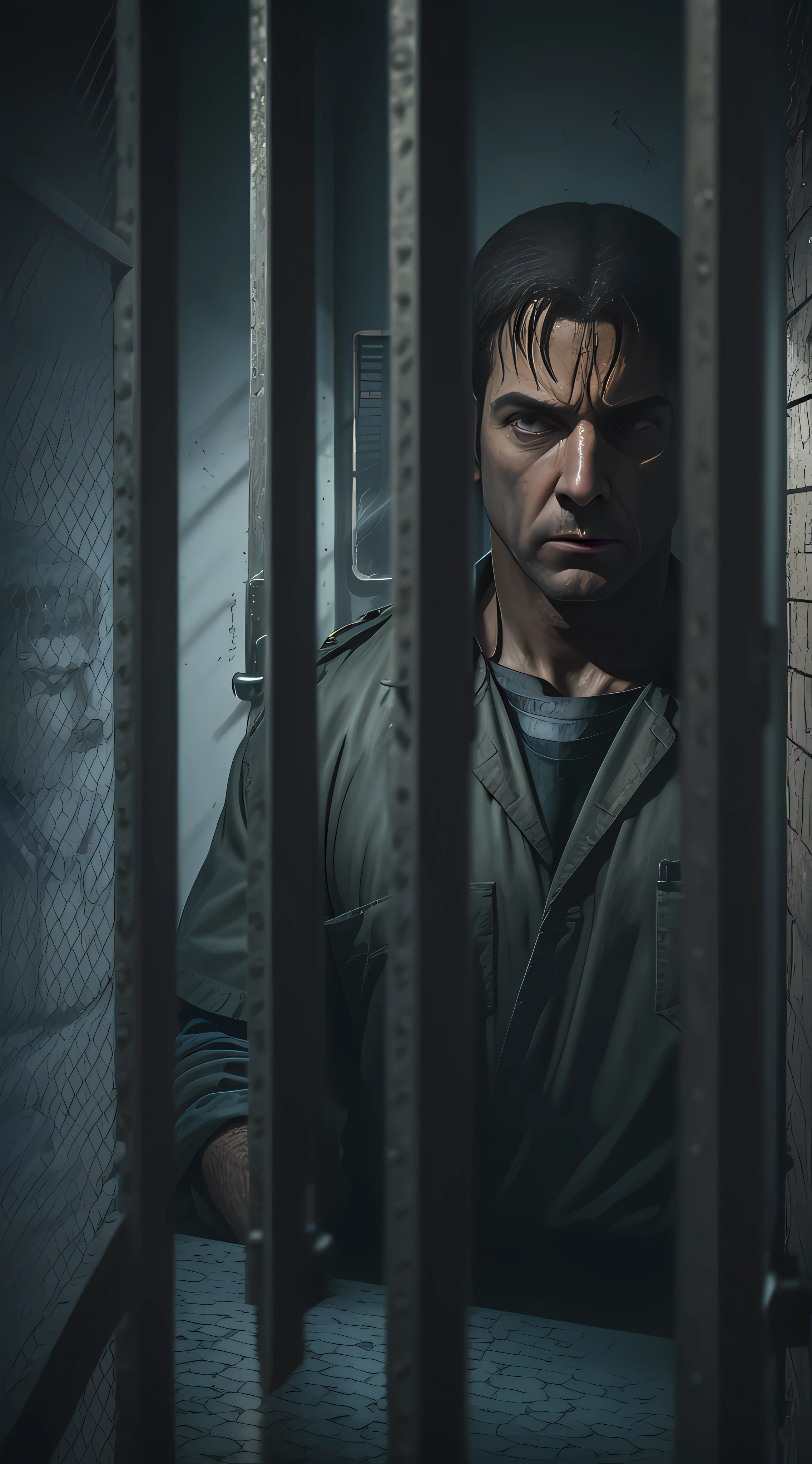 Create an ultra-realistic photographic representation, in 9:16 aspect ratio and 8K resolution cinematic quality, that depicts 'The Stanford Prison Experience'. Use a dark and intense aesthetic approach, with desaturated colors and cool shades. Highlight the meticulous details of a prison cell, such as the bars, concrete, and minimal objects. Compose the image in such a way as to convey a sense of claustrophobia and isolation. Portray prisoners with emotion-laden facial expressions, representing their suffering, despair, and frustration. Highlight the guards with authoritarian and cold postures, suggesting oppressive power dynamics. Create an image that prompts reflections on the psychological effects of deprivation of liberty and the complexities of power relations in a prison environment --auto --s2
