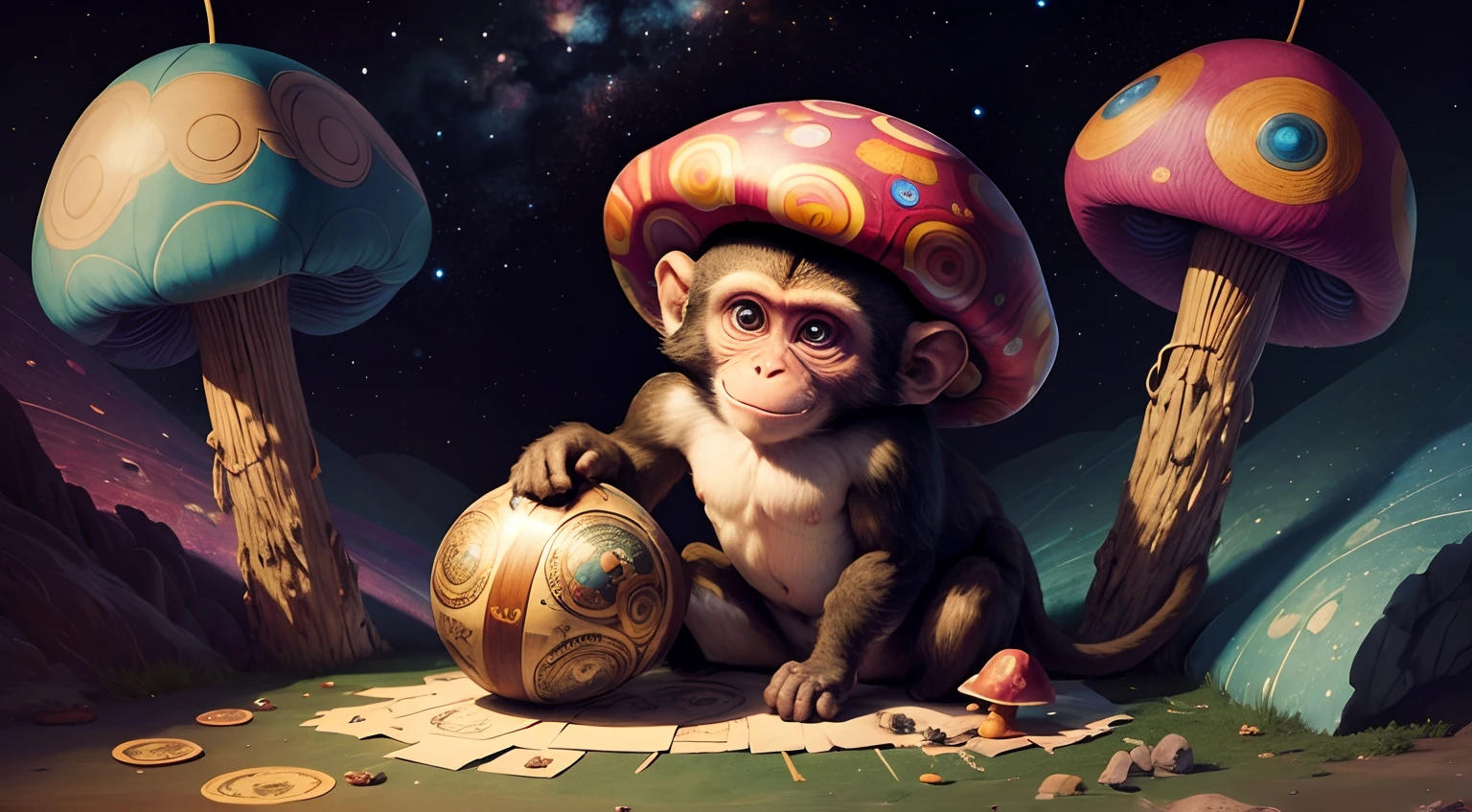 Monkey realising the mysteries of the universe, psychedelic mushroom, masterpiece, inspiring, leonardo davinci