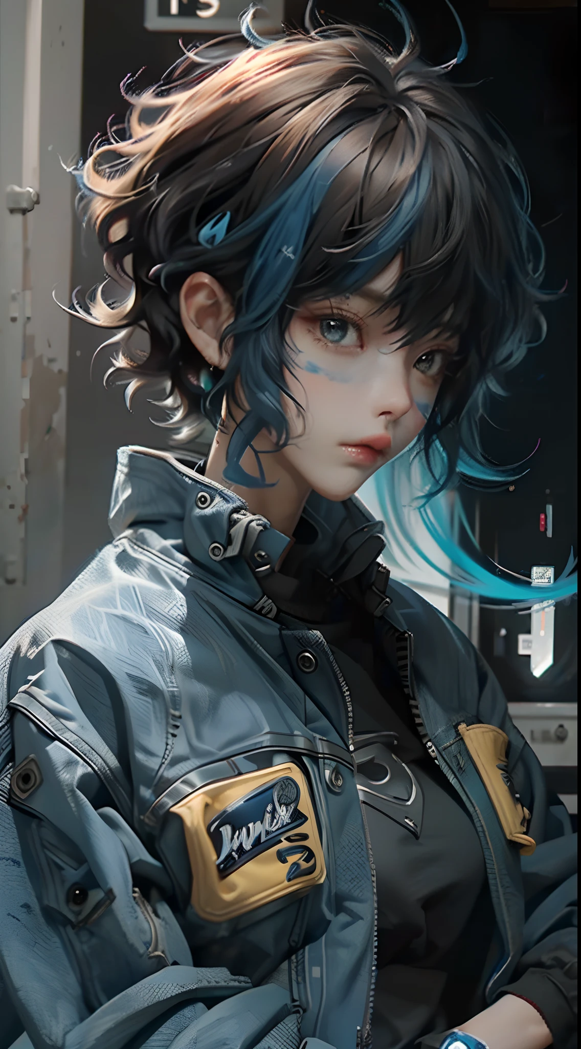 girl, short fade cut messy curly hair, blue mixed black cool jacket, boy face,