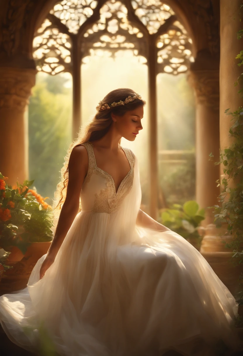 (best quality,highres,masterpiece:1.2),ultra-detailed,[oil painting],(realistic,photorealistic,photo-realistic:1.37),Canto Gregoriano,beautiful detailed,serene garden,ethereal sunlight,soft breeze,colorful flowers,fancy dress,long flowing hair,harmonious atmosphere,lush greenery,peaceful scenery,melodic chanting,illuminated stained glass windows,tranquil setting,vibrant colors,divine beauty,soothing incense,majestic architecture,golden accents,serene faces,angelic aura+faint halos,dappled light,subtle shadows,serenity.