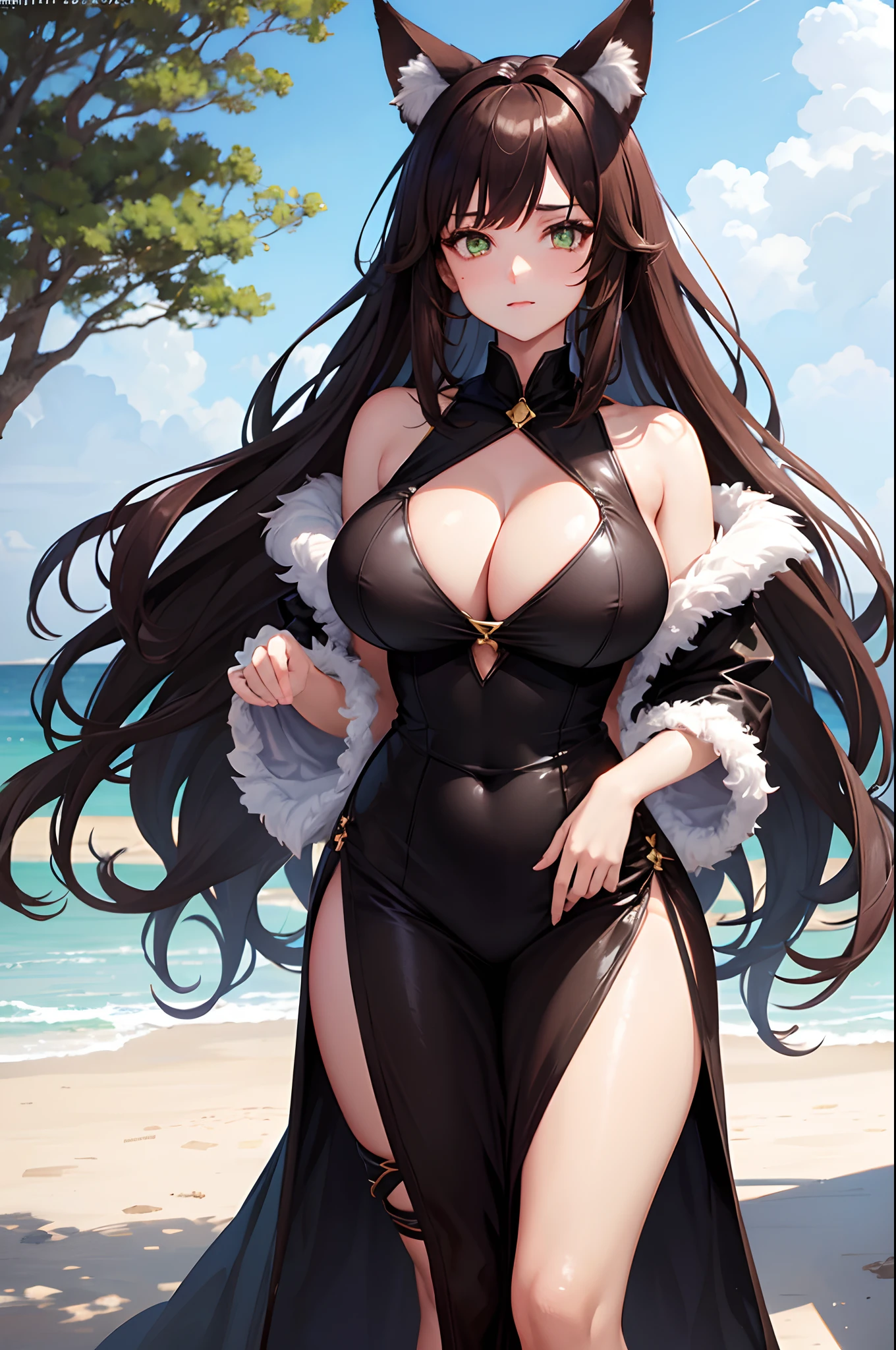 1girl, fox girl, fox ears, fox tail, dark brown hair, green eyes, sexy, mommy, thick thighs, enormous breasts, hard , sfw, dress, mature woman, enormous cleavage, witch, shiny clothes, shy,