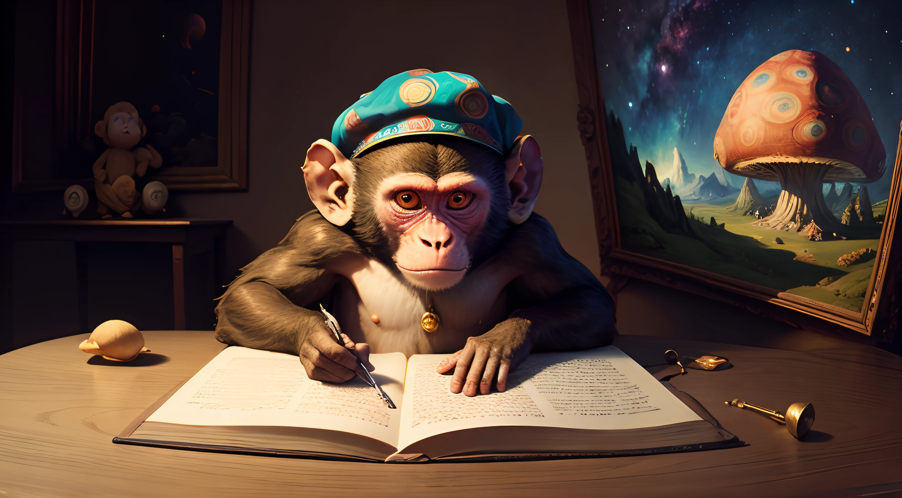Monkey realising the mysteries of the universe, psychedelic mushroom, masterpiece, inspiring, leonardo davinci