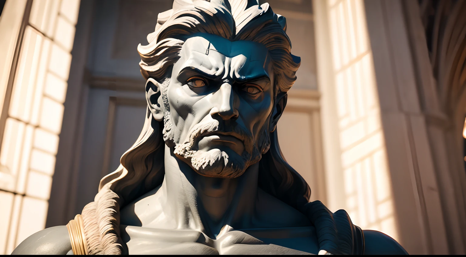 Strong Stoic statue, with an expression of anger, 35 mm, lateralmente, Filmado em Sony A7S III com Sony FE 35mm f/1.8, 12.1 MP, --AR 3:2 --estilo cru