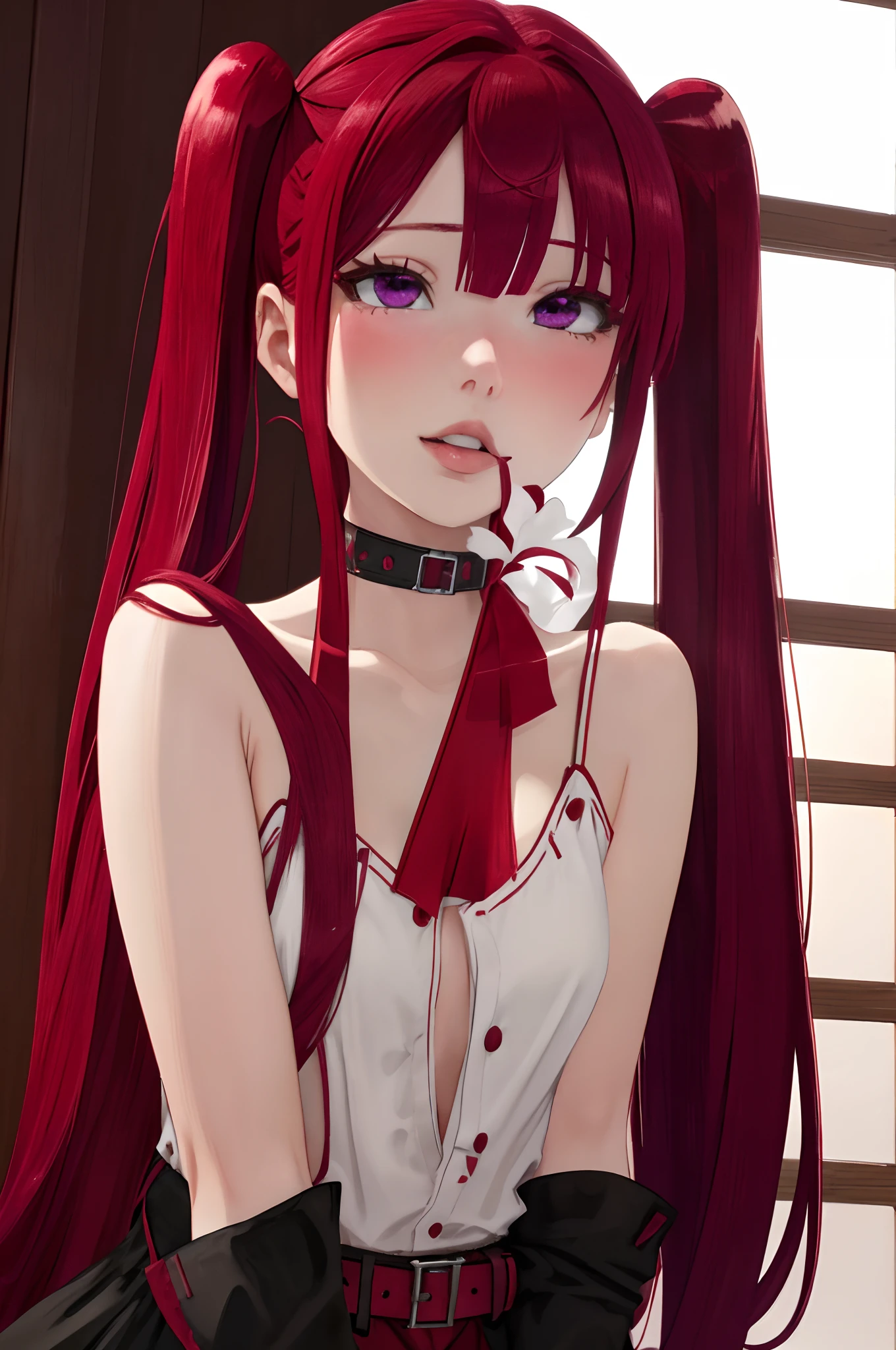 Red、Red hair、Background white、Photorealsitic, hight resolution, 1 rapariga, Korea person, Heterochromia eyes, a purple eye、Blunt bangs、red hairs、1girl in, masutepiece,  Best Quality,  High quality, Twin-tailed、Ahegao、