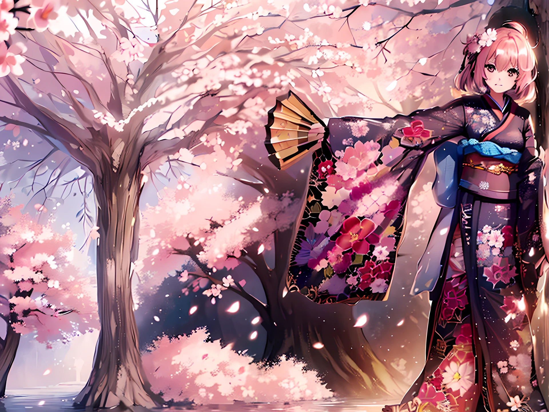 ((masterpiece)), (best quality), ultra-detailed, HDR, depth of field, japanese kimono, cute girl, waving fan, kimono flower pink, sakura tree, windy, pink leaves everywhere