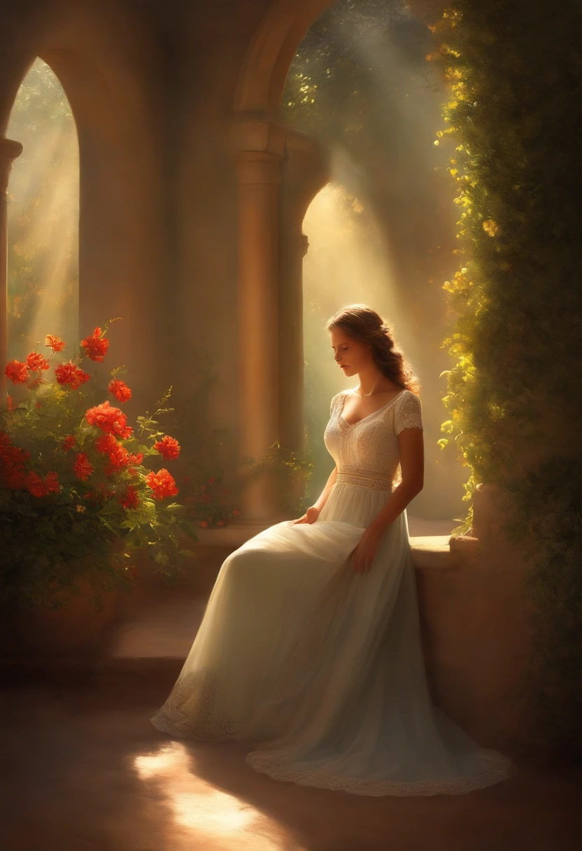 (best quality,Alto,master part:1.2),ultra-detalhado,[oil painting],Canto Gregoriano,lindo detalhado,Jardim sereno,Ethereal sunlight,brisa suave,flores coloridas,Atmosfera harmoniosa,luscious greenery,Tranquil setting,melodic singing,vitrais iluminados,Tranquil setting,cores vibrantes,beleza divina,incenso calmante,Arquitetura majestosa,Acentos dourados,rostos serenos,Angelic aura+halos fracos,luz fraca,sombras sutis,serenidade.