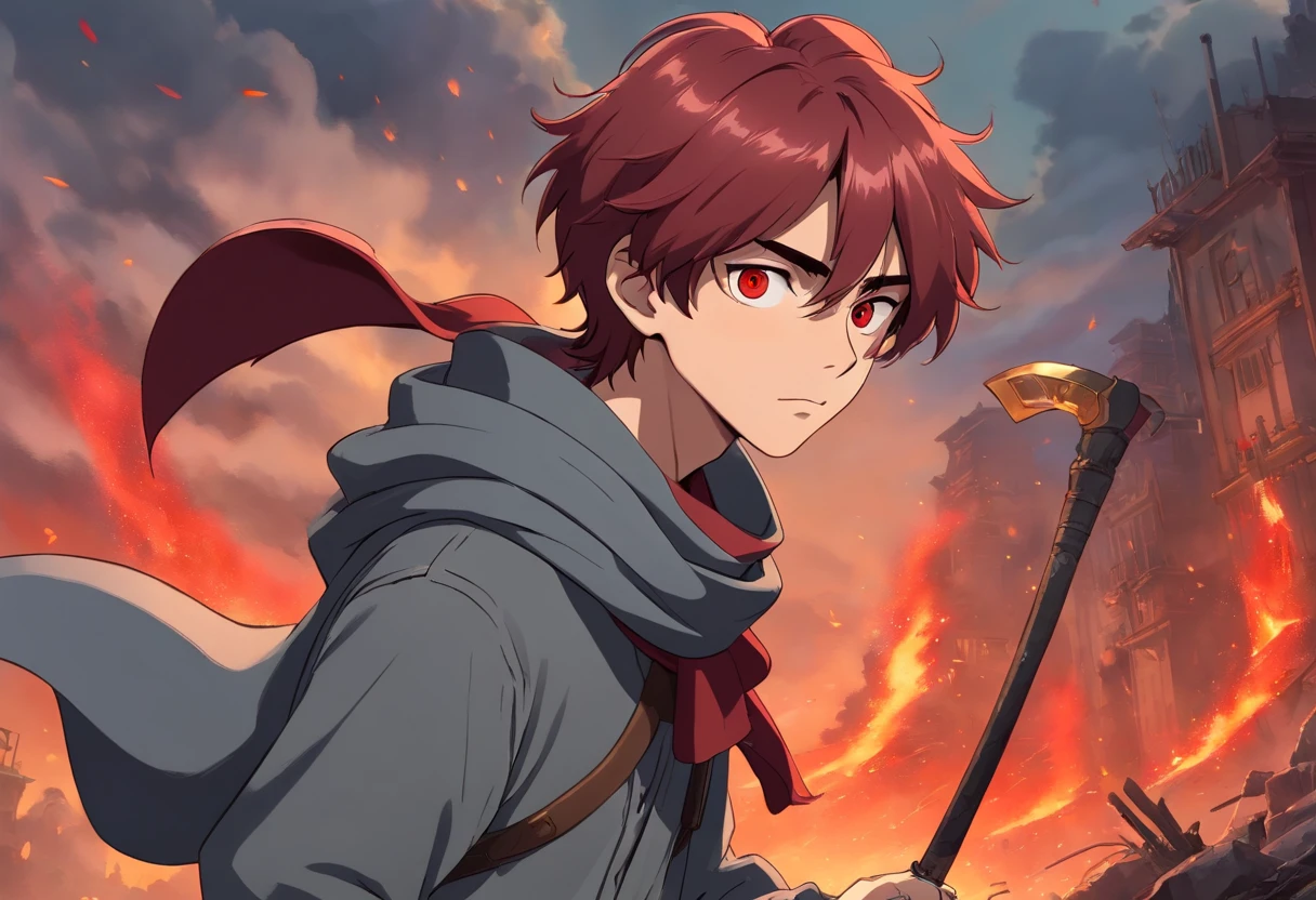 A young 17-year-old man with messy dark red hair black eyes a gray apocalypse-style long-sleeved blouse a scarf with a long gray pants look tired and lazy with a scar on his face a relaxed posture holding a large light red scythe