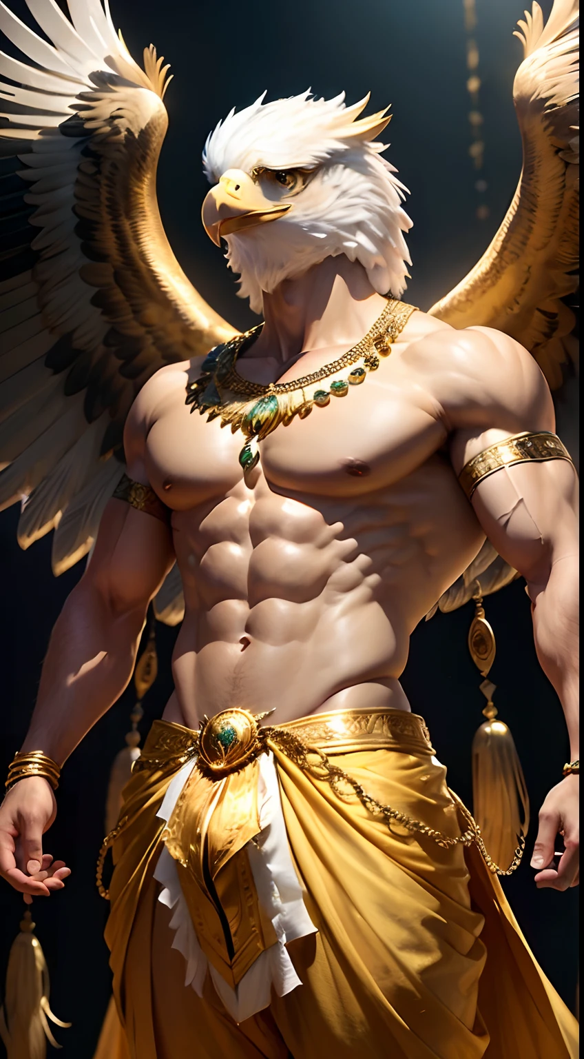 A fantasy image of a robust man with the face of an Eagle, ((Eagles head:1.3)), wearing gold ornaments, shirtless, wearing a yellow ornate dhoti, with large wings attached to body, standing in a palace, long fingernails like talons, upper body, front view