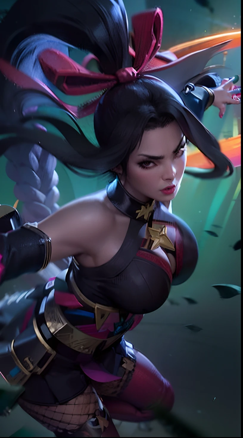 a close up of a woman with a Shuriken  in her hand, black hair, hanabi mlbb charactet, realistic, ultra detail,70mm lens,