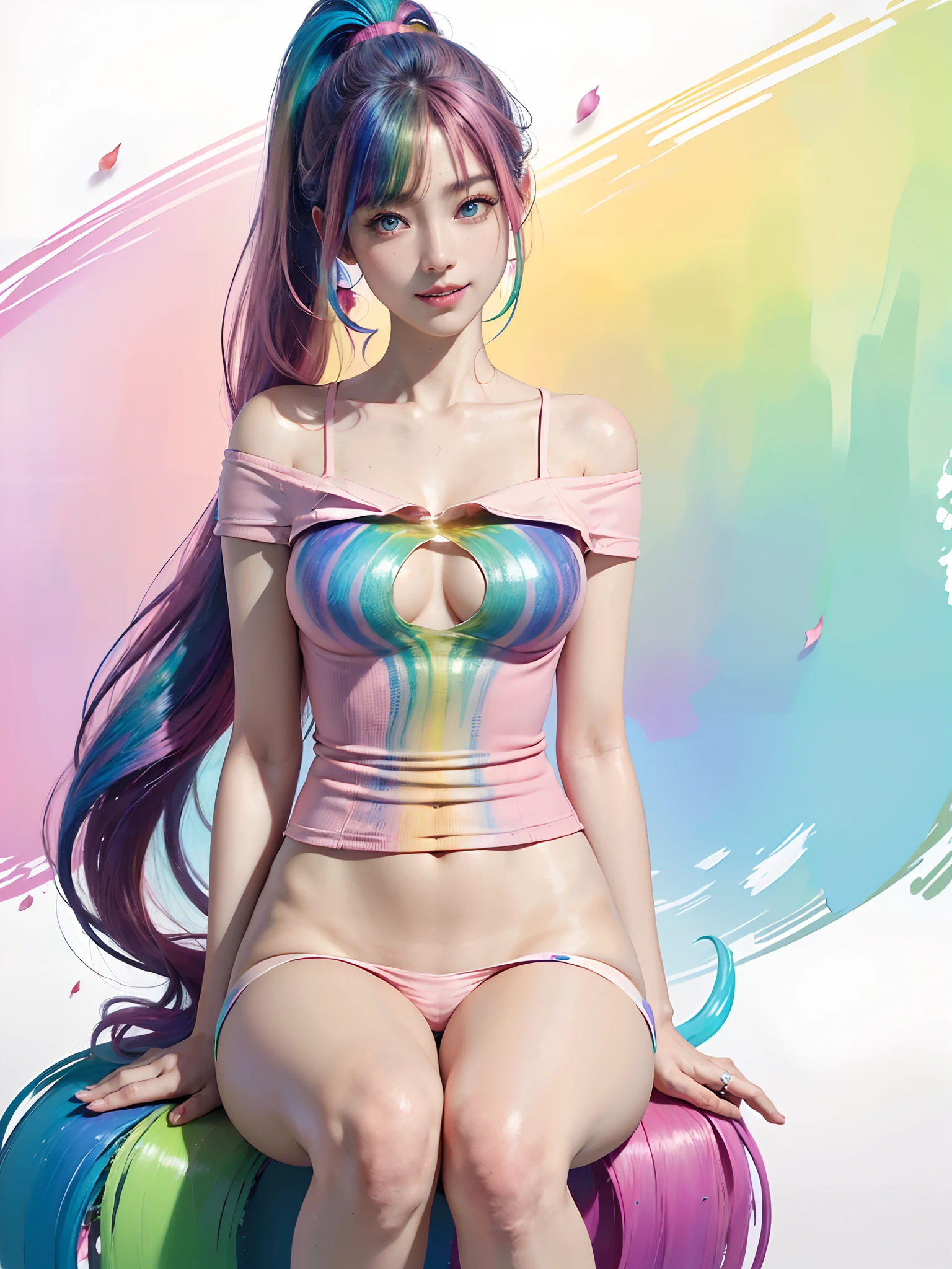 (SFW、masuter piece、Best Quality、masutepiece、top-quality、Top image quality、extremely beautiful lady)、(Pink fashion T-shirt:1.9)、(colourful hair:1.8)、(all the colours of the rainbow:1.8)、((((Vertical Painting:1.6)))、(Painterly:1.6)、frontage、comic strip、illustratio、Painterly、big eye、Sheer eyes、(Iridescent gradient high ponytail:1.7)、Exquisite makeup、Mouth closed、(Small fresh:1.5)、(Wipe Chest:1.6)、long eyeslashes、White off-the-shoulder T-shirt、White shoulder shirt、looking at the spectator、Large watery eyes、(rainbow-colored hair:1.6)、 color splashes, (独奏:1.8), color splashes, Color explosion, Thick paint style, Messy lines, ((Shines)), (colourfull), (colourfull), colourfull, colourfull, Chic paint style, (Splash) (color splashes), Vertical Painting, The upper part of the body, Paint splashes, Acrylic Pigment, gradients, paint, Top image quality, Top image quality, masterpiece, 独奏, depth of fields, facepaint, colourful clothes, (elegent: 1.2), Gorgeous,length hair, the wind, (elegent: 1.3), (flower petals:1.4)、(((masterpiece)))、(((top-quality)))、((ultra-detailliert))、(illustratio)、(dynamic ungle)、((Planktonic))、(paint)、((dishevled hair))、(独奏)、(1girl in)、((Detailed anima face)))、((beautifull detailed face))、collars、bare shoulders、white hair、((colourful hair))、(((striated hair))、beatiful detailed eyes、(Gradient color eyes)、(((Colorful eyes))))、(colorful backdrop))))、((((a high chroma))))、(((Surrounded by colorful splashes)))、lightbrown hair、Intense crystal light blue eyes、Highlights in the eyes、Look firmly at the camera、((extremely beautiful lady、NSFW What、masuter piece、Highest Standards、top-quality、Top image quality、超A high resolution、Symmetrical beauty、Add strong highlights to the eyes))、Be bold in the crotch、very massive udder、Exposed udder、Beautiful areola、protruding papillae、(huge-breasted)、portlate、Perfect Angle、acrobatic pose、(Professional quality、hight resolution)、perfect contrast、Perfect litthing、perfect-composition、flawless skin、perfect hand、Perfect fingers、pe