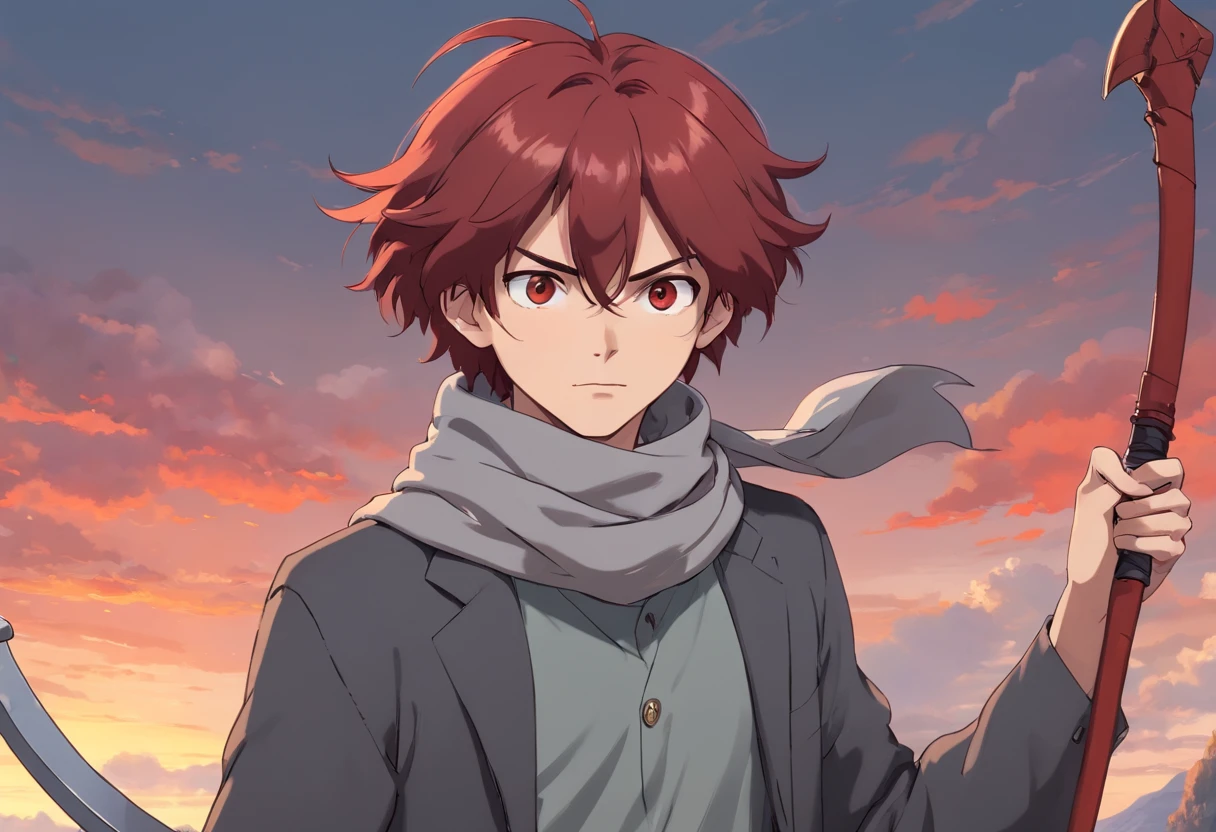 A young man of with messy dark red hair black eyes a gray apocalypse-style long-sleeved blouse a light gray scarf with a long gray pants with tired and lazy look with a scar on his face a relaxed posture holding a large light red scythe