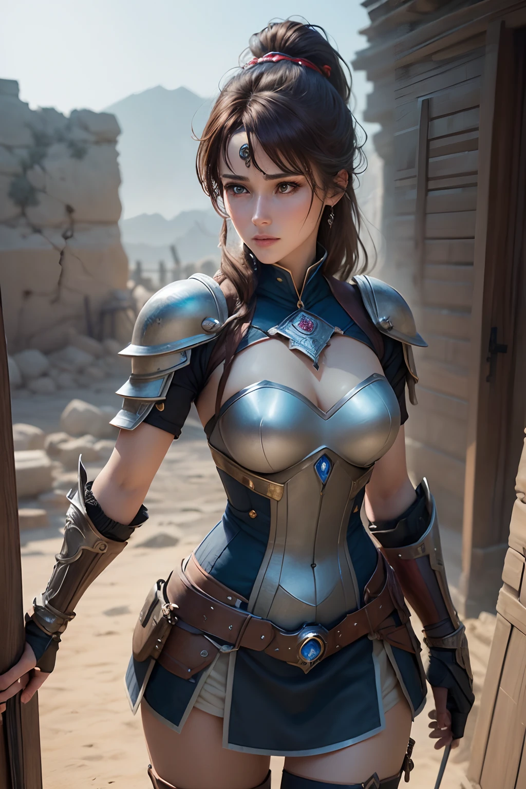 ,Blue Metal and Gold and Necromancer Bodysuit Armor, White messy hair, sword, outdoor, clouds on background,fantasy, middle Ages, Burning town in the background,,K-pop idol, (((masterpiece))), ((best quality)), ((intricate details)), ((surreal)), H, milf, 18 years old, view, Very detailed, illustration, 1 girl, ((big breasts)), perfect hands, Detailed fingers, beautiful and delicate eyes, short hair, brown eyes,white hair, Detailed background, collar, perfect eyes, seductive eyes, looking at the audience, Frontal natural background bokeh