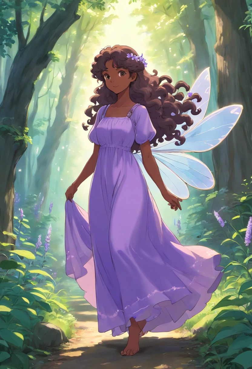 Adult fairy with dark skin, long curly hair wearing a long lavender dress in a woodland