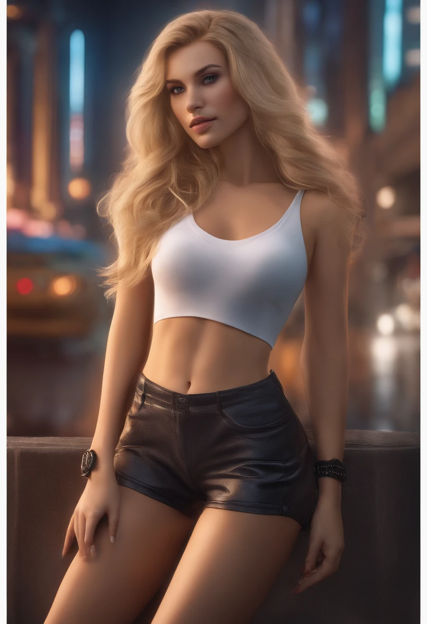 A SEXY FEMALE WITH BLONDE HAIR, BLUE EYES WEARING A BLACK SEXY BRA, A SHORT BLUE PLEATED SKIRT WITH A YELLOW LEATHER BELT AND YELLOW TRIM, AND TALL RED HEELED BOOTS, HANDS ON HIPS LOOKING AT VIEWER. INCREDIBLE DETIALS, 8K RESOLUTION. DYNAMIC BACKGROUND.