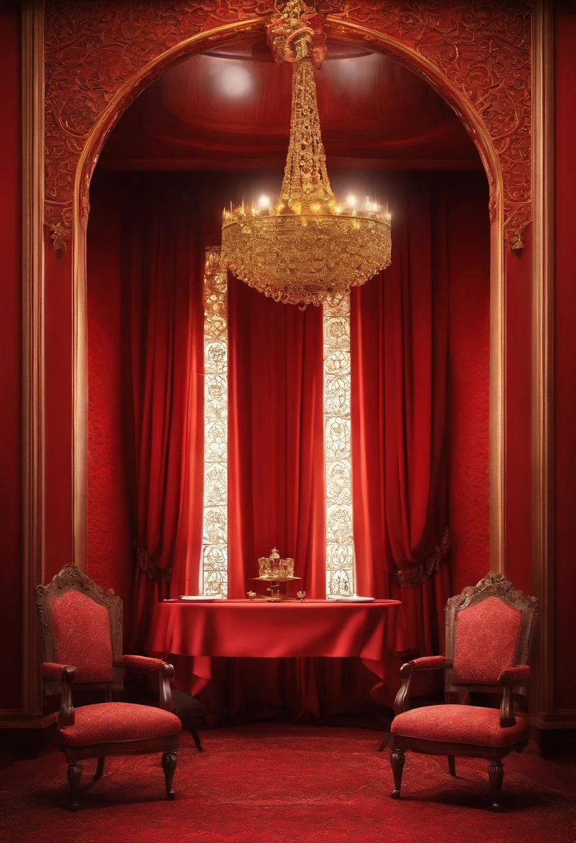 Red background, orthodox style, with a chair and a table on the side, Empire style background