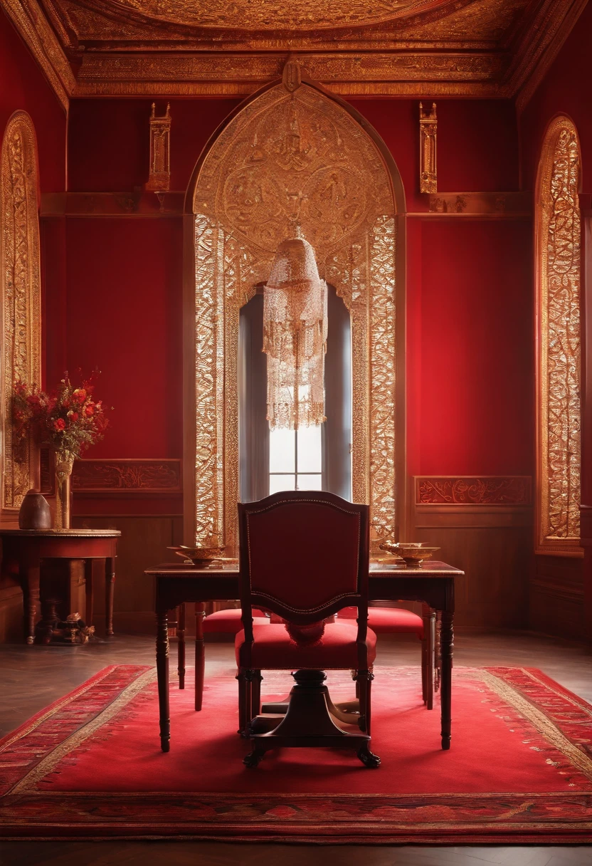 Red background, orthodox style, with a chair and a table on the side, Empire style background