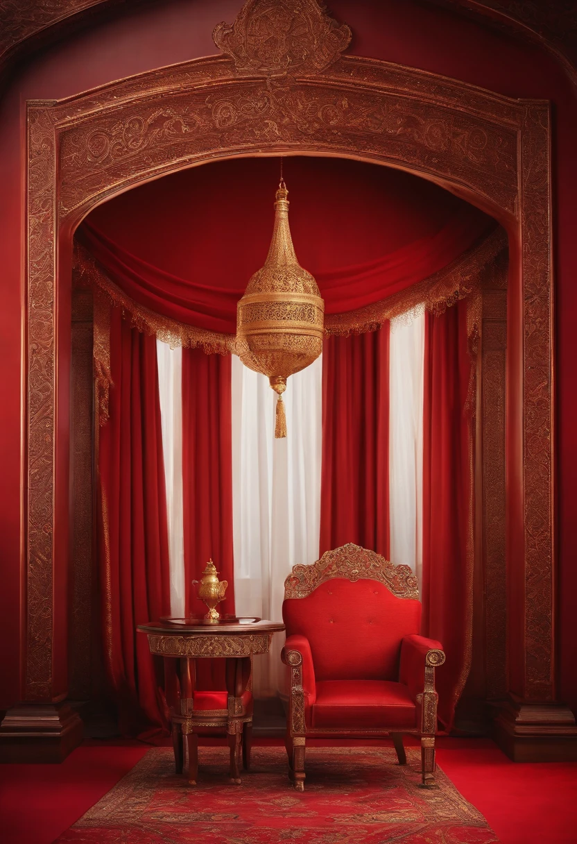 Red background, orthodox style, with a chair and a table on the side, Empire style background