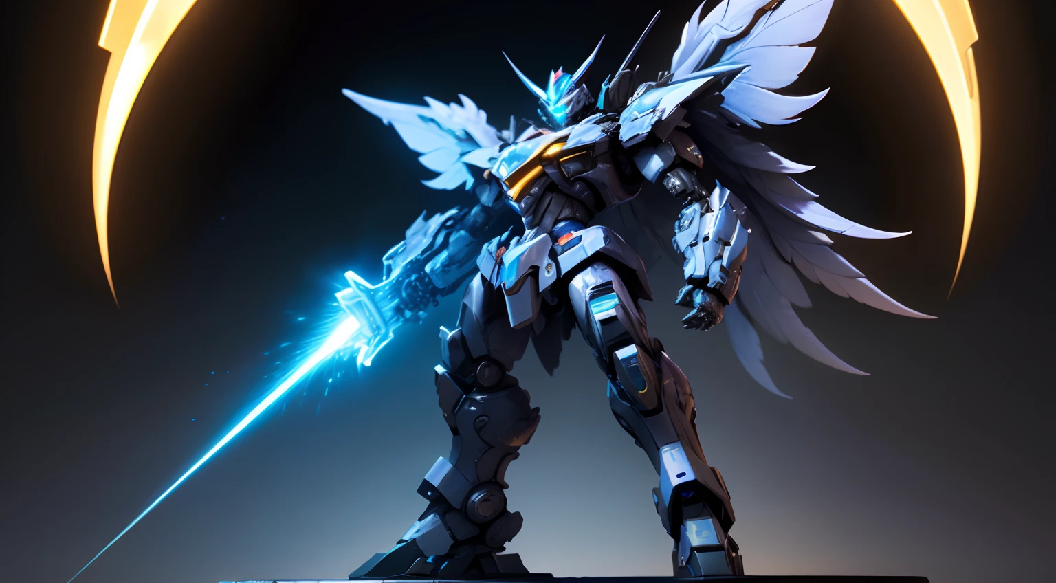 Blue mech（It has a golden sheen），It is equipped with an electromagnetic cannon and a laser gun，Holding a magic crystal tomahawk。There are three pairs of wings，The whole body is covered with nanocomposite armor。