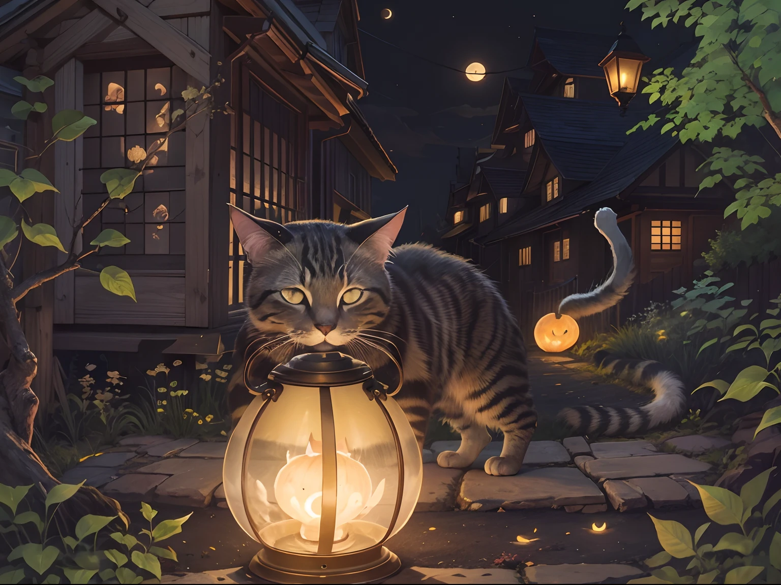 Mid-Autumn Full Moon, A cat carrying a lantern, yard.