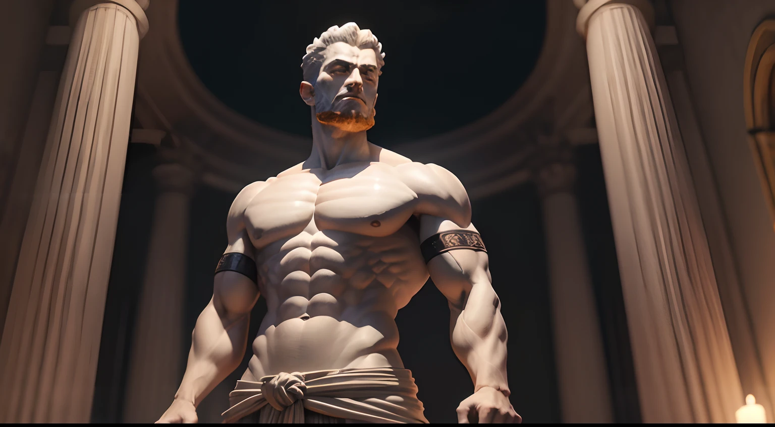 Stoic statue, with an expression of anger, usando manto e tunica longo sobre todo o corpo, Noite escura, fundo grego antigo do templo, 35 mm, lateralmente, Filmado em Sony A7S III com Sony FE 35mm f/1.8, 12.1 MP, --AR 3:2 --estilo cru