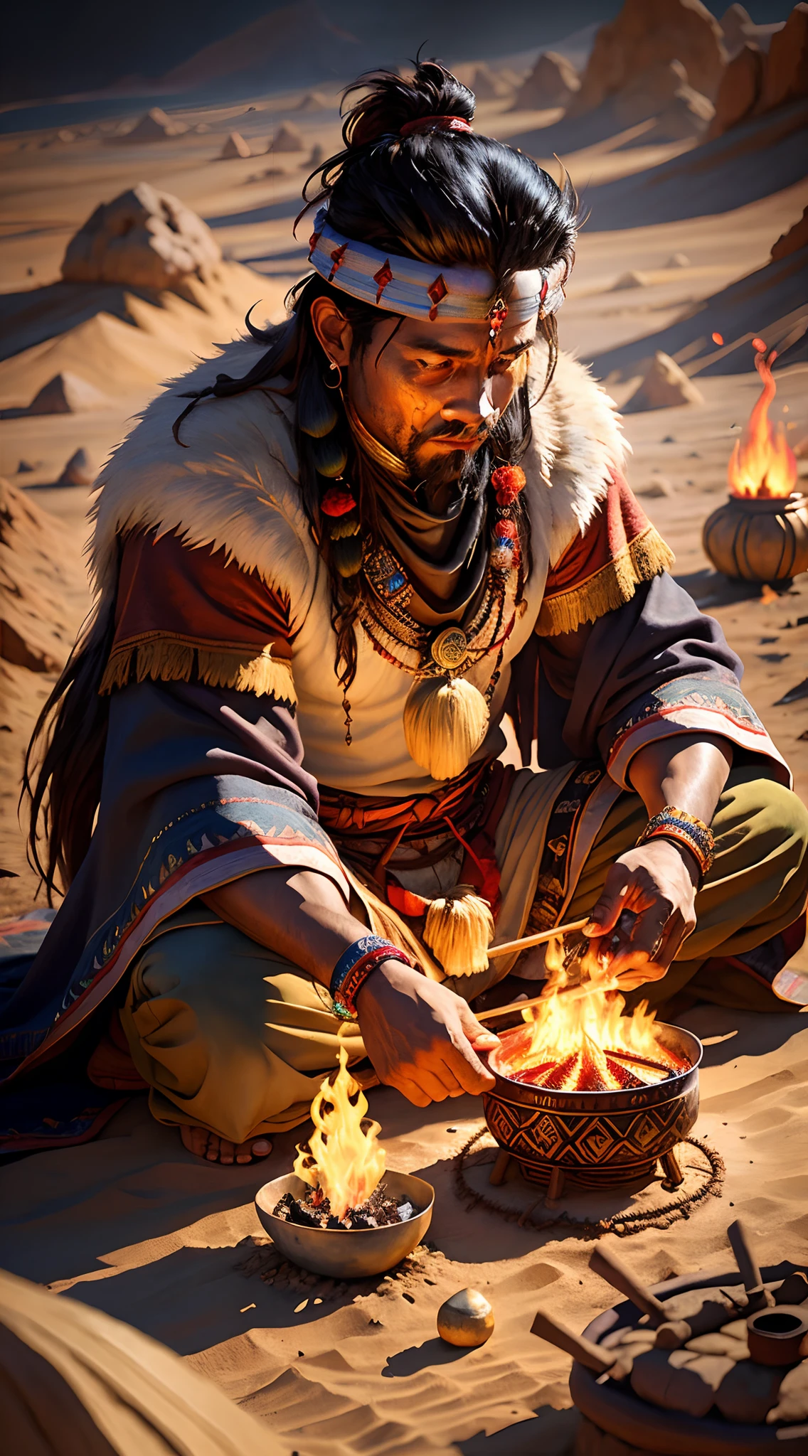 Man in native clothes sitting on the ground with fire, portrait of bedouin d&d, casting a fire spell, Deserto Fighter Mago Antigo, casting fire spell, casting a flame spell, stunning digital illustration, an arcane wizard casting a spell, detailed game art illustration, pintura artstation, arte conceitual digital detalhada, Pintado por Andreas Rocha, Brazilian shaman, shaman of the Amazon [brasileiro]