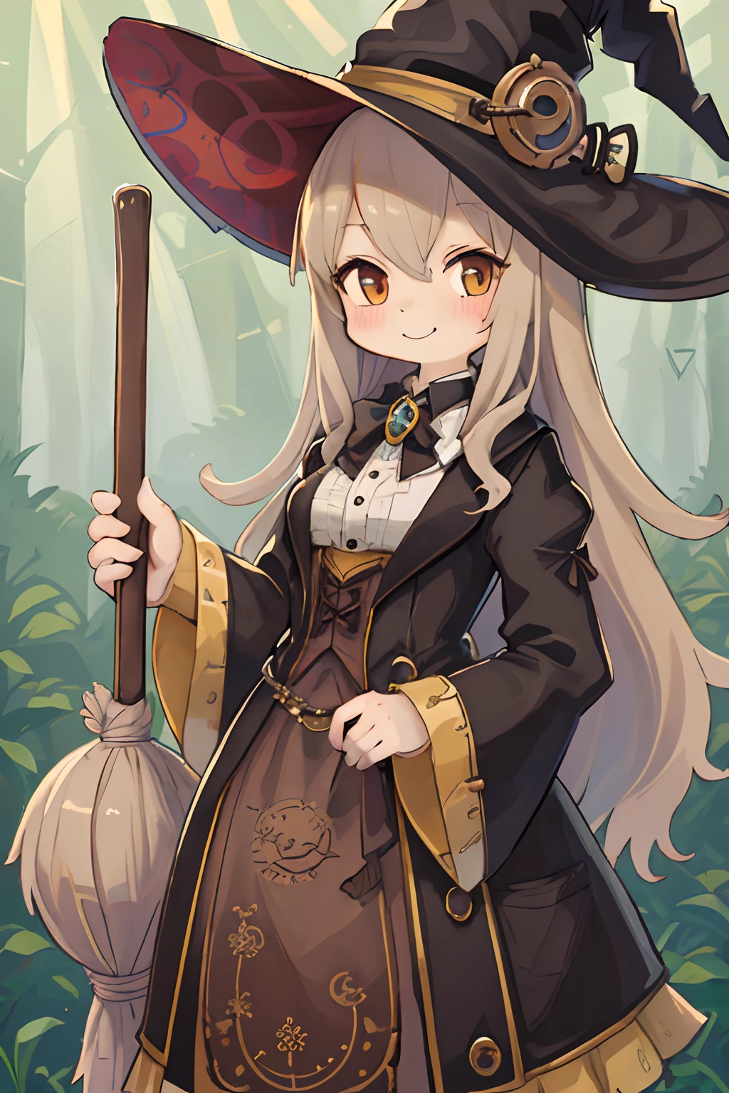 steampunkai。one girls。Very adorable girl。Fluffy long hair with bright brown ash。cute smile face。see the beholder。Cute witch in steampunk style。Holding a broom about your height in both hands。The background is in the forest with sunlight。
