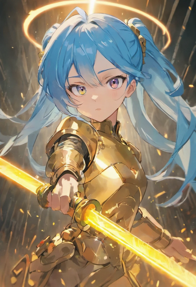 Battle angel with light blue hair in a ponytail and golden eyes with sword in both hands