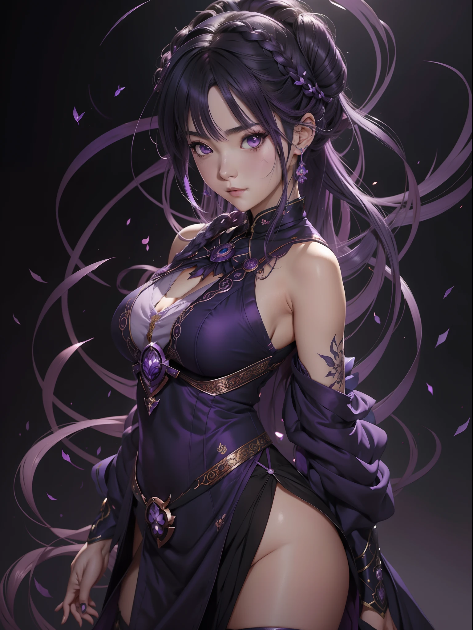 anime girl with purple hair and purple eyes posing for a photo, hestia, ayaka genshin, blue cloth covering her chest, extremely detailed artgerm, zodiac girl portrait, tsuaii, zerochan art, by Kamagurka, azure. detailed hair, artgerm on artstation pixiv, smooth anime cg art