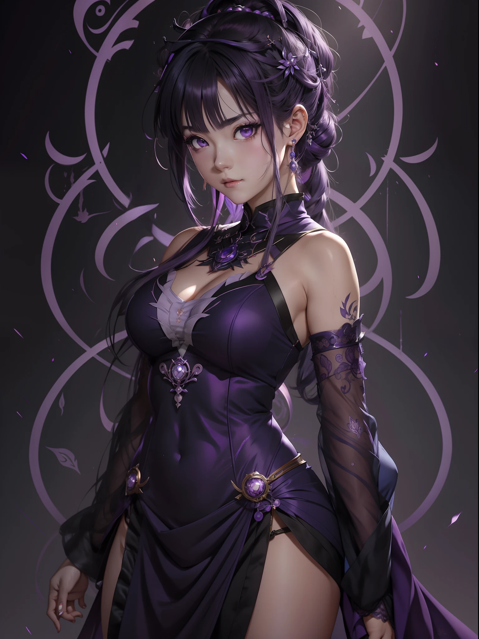anime girl with purple hair and purple eyes posing for a photo, hestia, ayaka genshin, blue cloth covering her chest, extremely detailed artgerm, zodiac girl portrait, tsuaii, zerochan art, by Kamagurka, azure. detailed hair, artgerm on artstation pixiv, smooth anime cg art