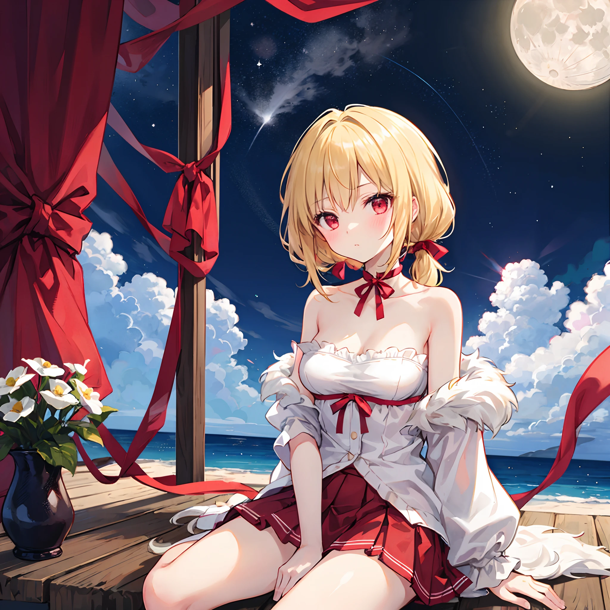 a blond、poneyTail、Red ribbons、red eyes、Beautiful girl alone、Fluffy clothes、off shoulders、a miniskirt、a moon、natta、red blush、sitting on、