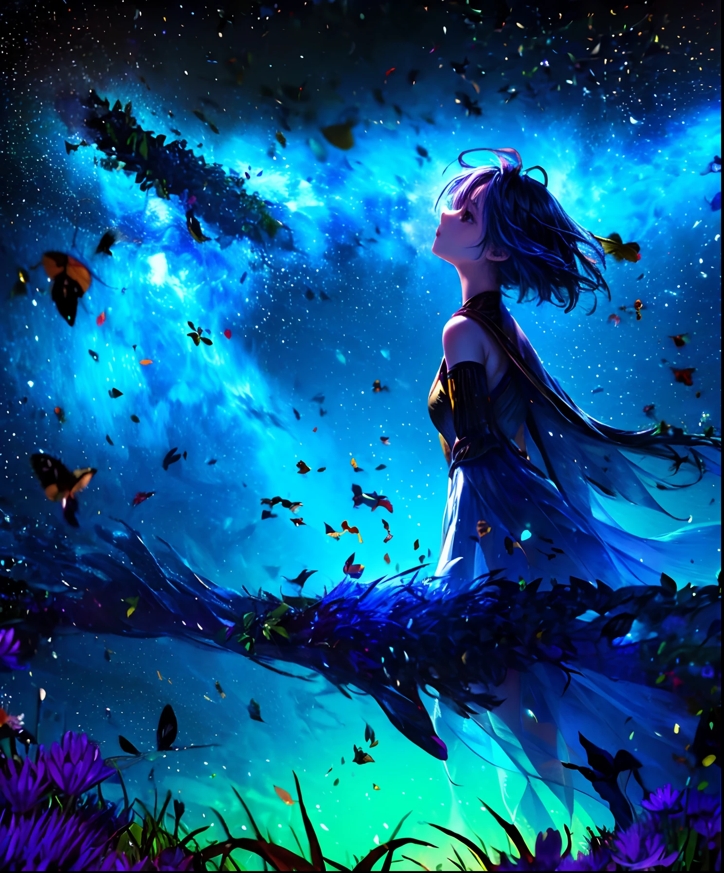 A masterpiece, the best quality, stunning reflections, the best reflections ever. (very detailed CG unity 8k wallpapers), (best quality), (best illustrations), (best shadows), forest theme with natural elements. Tall trees, quiet streams, small glowing mushrooms surrounded by delicate leaves and branches, with fireflies and glowing particle effects,, (natural elements), (jungle theme), (leaves), (twigs), (fireflies), butterflies, (delicate leaves), (glow), (particle effects). , Isometric 3D, Octane Rendering, Ray Traced, Super Detailed,a beautiful girl at the middle, long hair, wind flow, partially submerged, sexy pose, looking at viewers, curious expression,cute face, sexy clothes