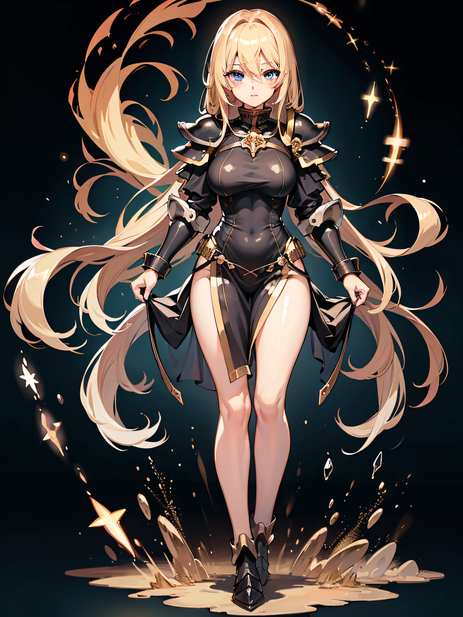 1a person、Unparalleled beauty, Lustrous firmness and shiny skin, Bangs between the eyes, Glossy Straight Beautiful Dazzling Golden Platinum Blonde, Super Long Straight Silky Hair, eye line, Sexy beautiful innocent , High definition big beautiful bright blue eyes, Beautiful and nice girl, Baby face, Fjet black armor、full-plate-armor、Beautiful big eyes、