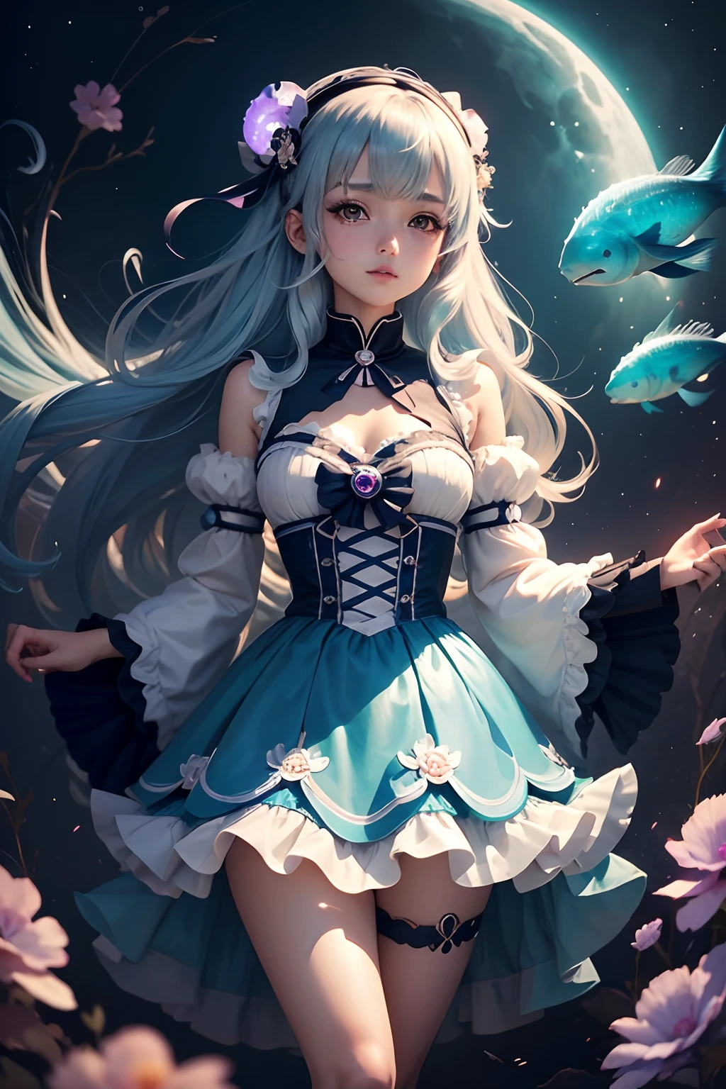 (cancer zodiac) there is a woman with grey glowing cyan hair on underwater with glowing cyan fish, Godest of the sea, spider arm attatched on back, anime girl cosplay, anime girl in real life, anime style mixed with fujifilm, portrait of magical lolita girl, cute kawaii girl, anime cosplay, beautiful anime style, lolita style, anime style, cute anime girl, beautiful anime girl, artwork in the style of guweiz, night background with moon