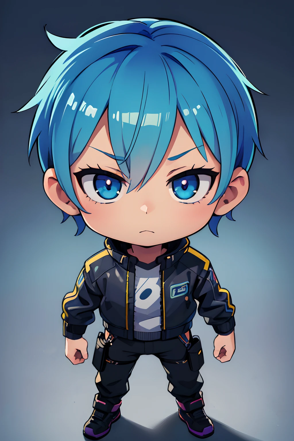 (chibi,male,best quality,8k,highres,masterpiece:1.2),ultra-detailed,(realistic,photorealistic,photo-realistic:1.37),male,blue hair,cyber punk,full body,no background,anime style,vibrant colors,various shades of blue,sharp lighting and shadows, chibi male