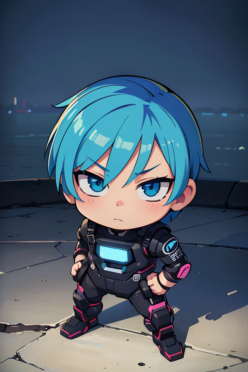 (chibi,male,best quality,8k,highres,masterpiece:1.2),ultra-detailed,(realistic,photorealistic,photo-realistic:1.37),male,blue hair,cyber punk,full body,no background,anime style,vibrant colors,various shades of blue,sharp lighting and shadows, chibi male