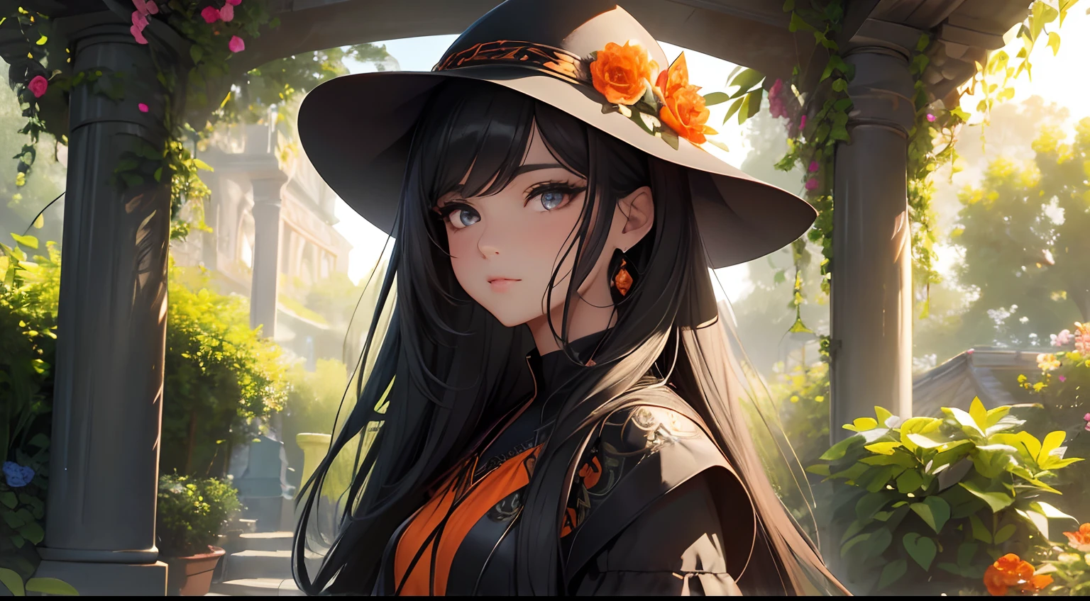 masterpiece, best quality, highres, realistic, 3d, solo, lilavolpina, green eyes, fringe, long hair, black hair, orange hair, multicolored hair, bangs, no mask, lipstick, small breasts, <lora:Lila_Rosi:0.8>, portrait, looking down, solo, (full body:0.6), detailed background, detailed face, (<lora:AlchemyPunkAI:0.6>, alchemypunkai theme:1.1), (evil:0.7) smile, shaman, wearing (light brown:0.7) witch hat, crystal pendant, rustic hut in the forest, outdoors, ivy, moss, dried plants, natural remedies, vials, potions, beads, roots, witchcraft, dark sinister atmosphere, dim lighting, <lora:add_detail:0.5>