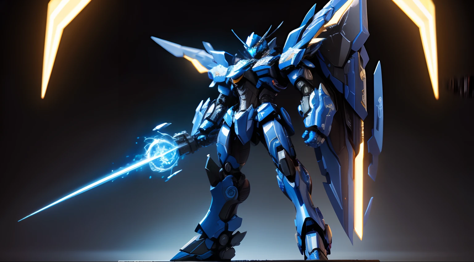 Blue mech（It has a golden sheen），It is equipped with an electromagnetic cannon and a laser gun，Holding a magic crystal tomahawk。There are three pairs of wings，The whole body is covered with nanocomposite armor。