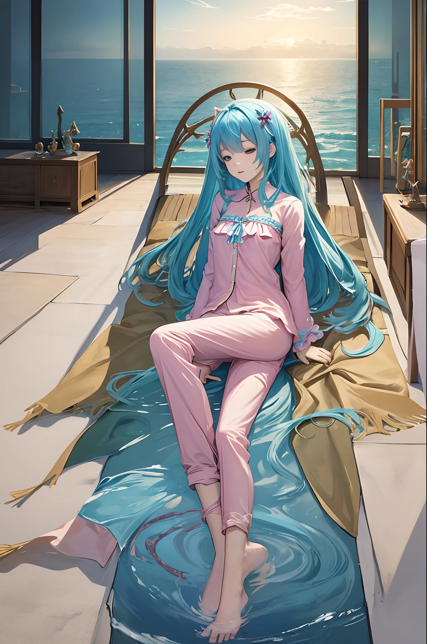 (masterpiece、top-quality、Official art:1.2)、(colourfull)、miku hatsune、see the beholder、1girl in、portlate、独奏、Colorful water levitation、girl sleeping、realisticlying、She wears long pants、Wearing pink pajamas、