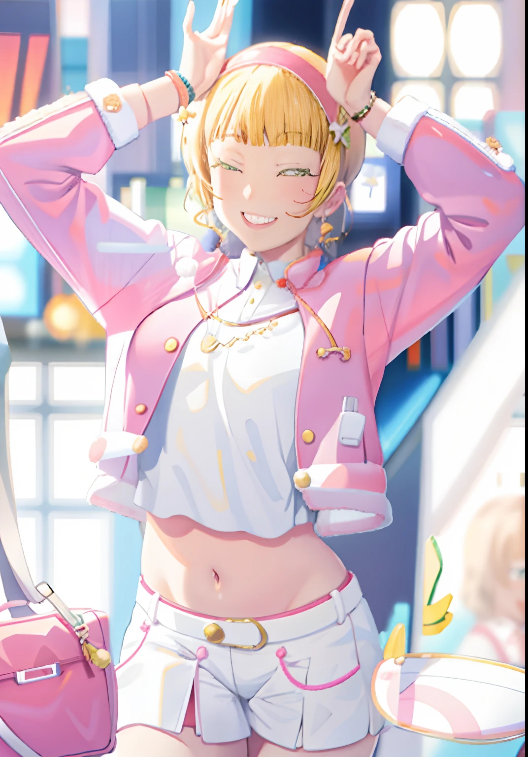 (8K、Best image quality、Highest quality、masterpiece)、One Girl、Blonde、short hair、Wavy Hair、Orange eyes、Earrings、blush、Get angry、Moderate bust、((Yellow plaid bra))、((Yellow adult panties))、throw、Cowboy Shot、Locker Room Background