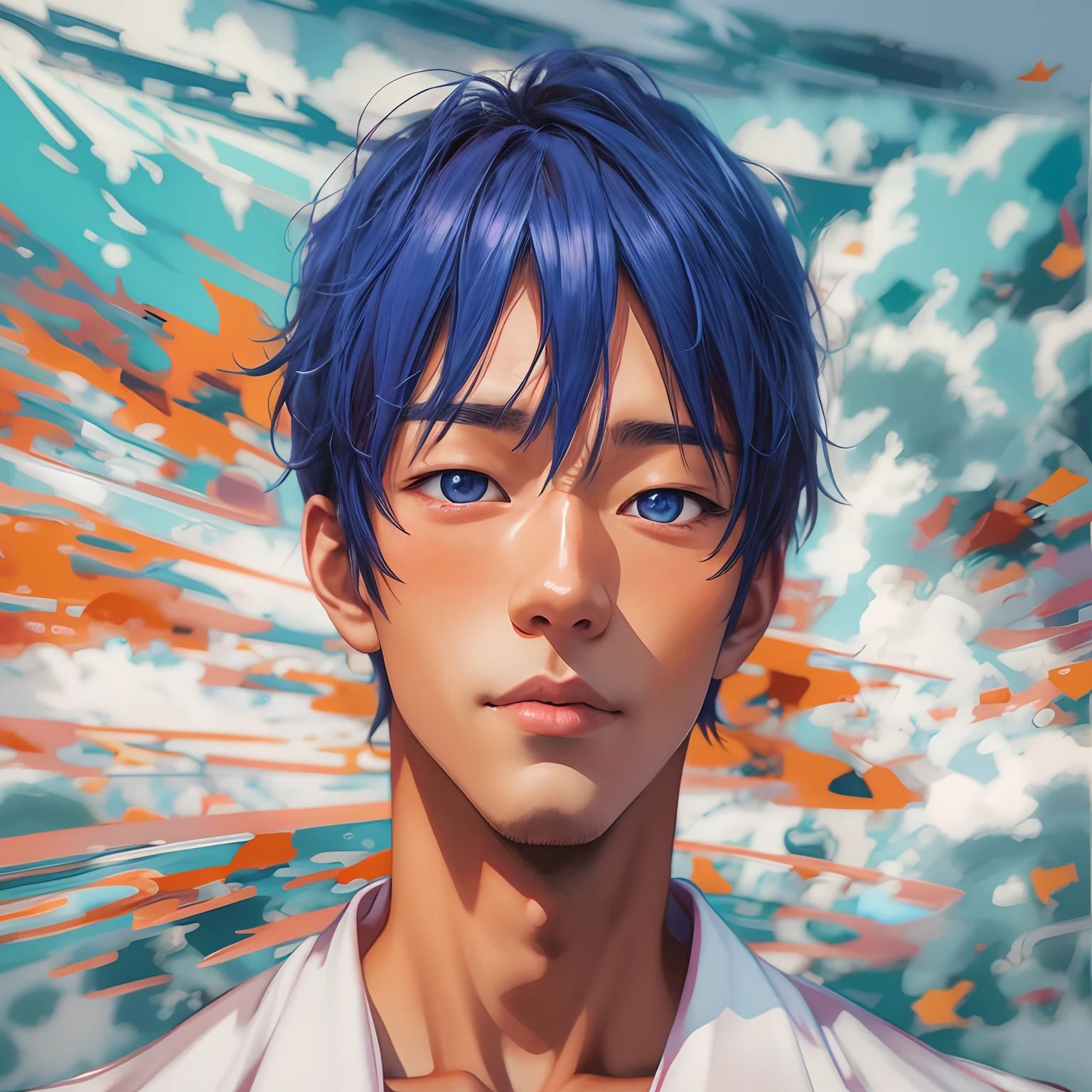 Anime man staring at something with blue-violet eyes,There is a man with blue-violet hair and a white shirt,Anime Realism Style, Anime portrait of a handsome man, Stunning anime face portrait, made with anime painter studio, painted in anime painter studio, Anime-style 2D, Realistic anime 2D style, young anime man, Portrait of an AI artist, Smooth Anime CG Art, semirealistic anime style, In a Japanese anime style, anime style 4 k, digital art in anime style, ADHD Art Style, ASD Art Style、[[[kentaro miura art style]]]、[[Asian man with white shirt]], [[2 7 years old]], [[Symmetrical face of Japan]], [[2 8 years old]], [[2 9 years old]], [[joongwon charles jeong]], [[8k photo]], [[headshot photo]], [[[taken in the early 2020s]]], [[japanese male]], [[2 3 years old]], [[jisu choe]], [[taejune kim]]