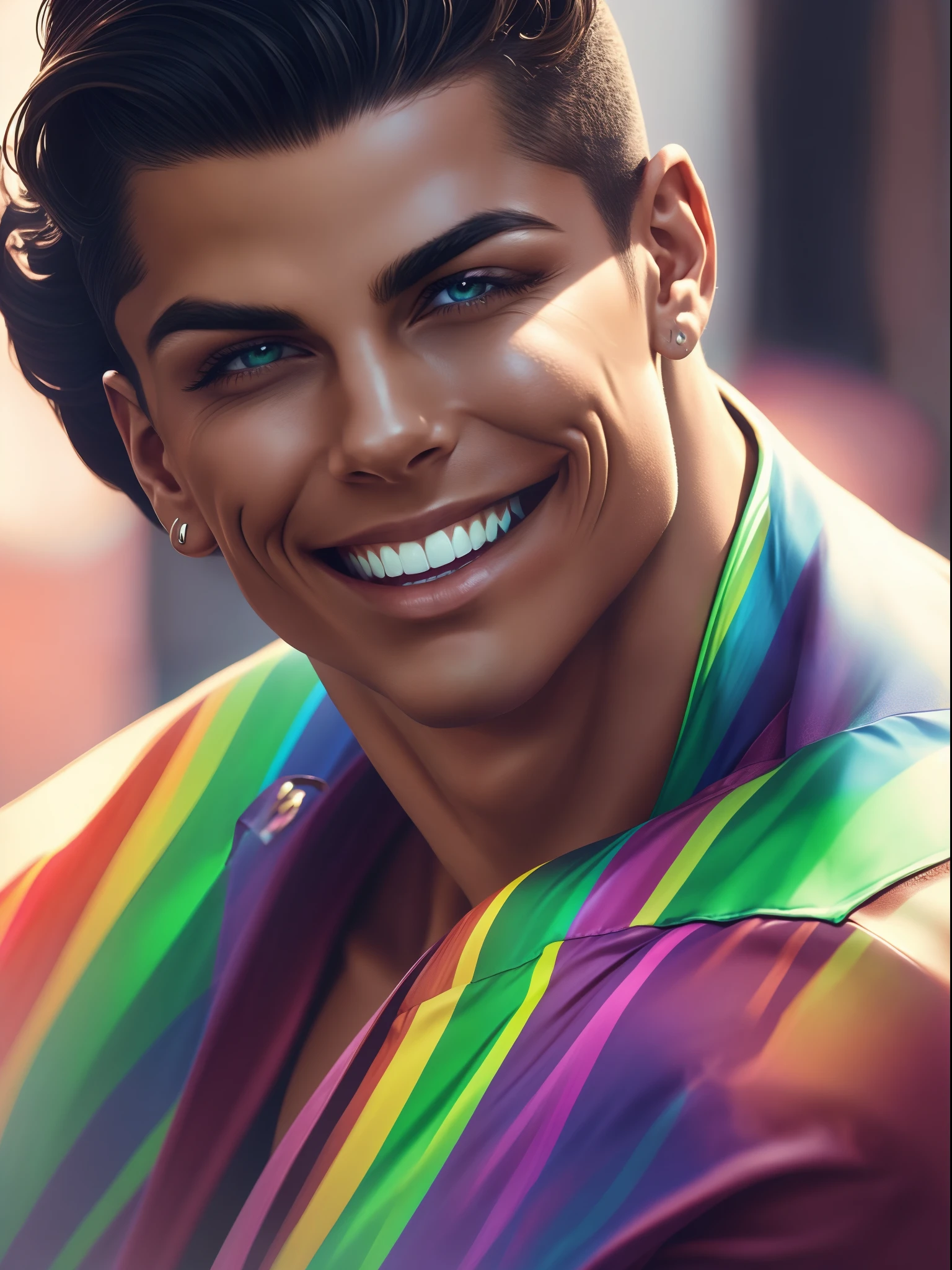 "cristiano ronaldo smiling picture is a real masterpiece with masculine beauty, perfect anatomy. Olpntng style, colorful rainbow, t-shirt design, clean design, epic Instagram, artstation, full of color paint streaks, wlop, contour. When you look at his beautiful eyes, you will see clearly every small detail and perfect line, every detail on the skin is beautiful in 8K quality , people will be captivated by the confidence radiating from every look. The face is drawn meticulously in every detail with 8K image quality.''