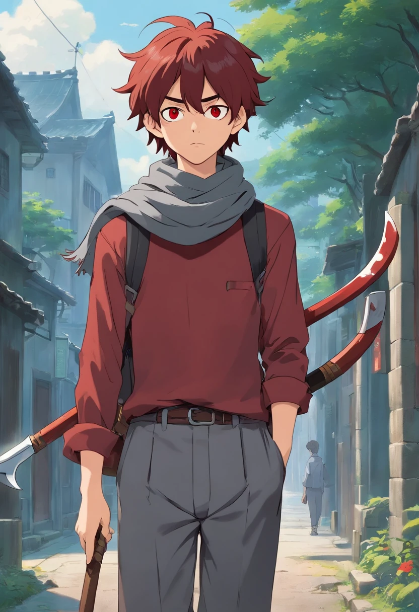 A young 17-year-old man with messy dark red hair black eyes a gray apocalypse-style long-sleeved blouse a scarf with a long gray pants look tired and lazy with a scar on his face a relaxed posture holding a large light red scythe