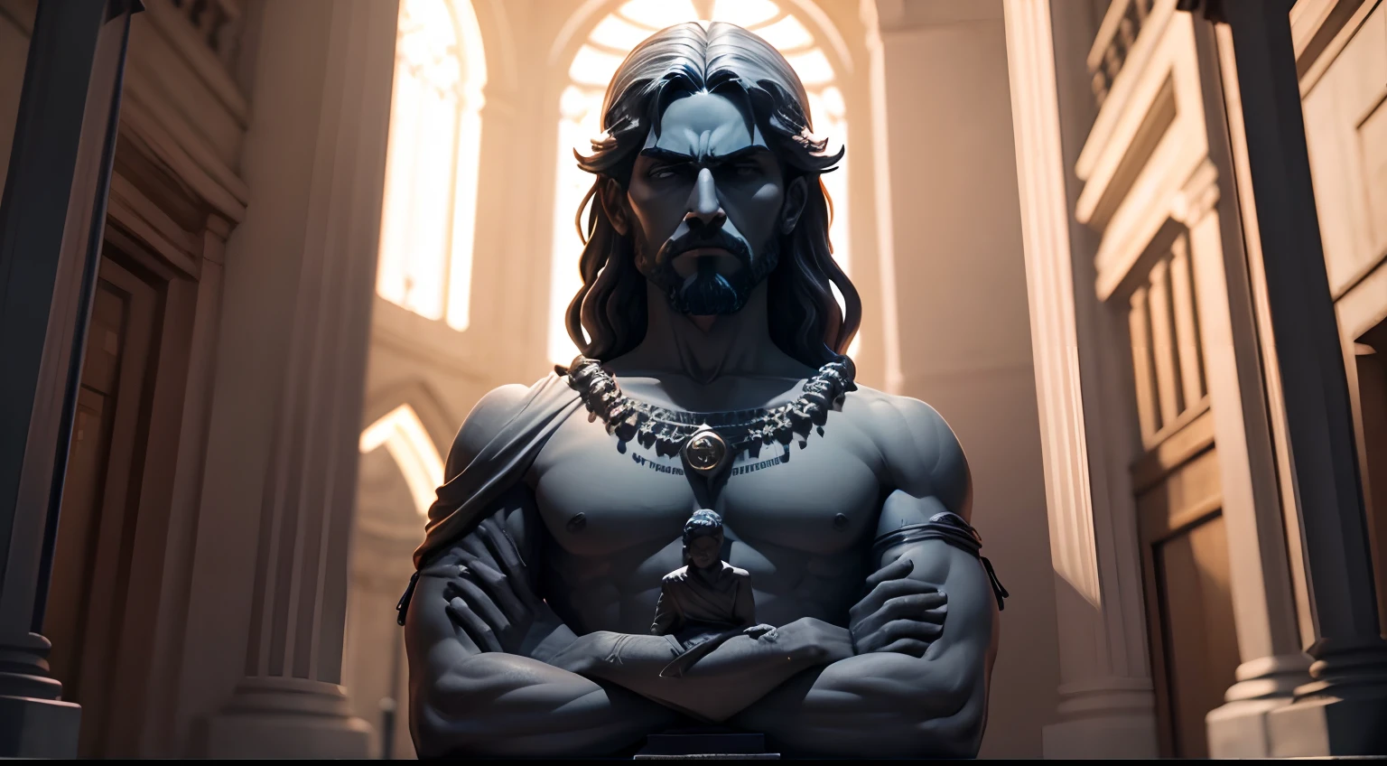 Stoic statue, with an expression of anger, usando manto e tunica longo sobre todo o corpo, rosto definido, Noite escura, fundo grego antigo do templo, 35 mm, lateralmente, Filmado em Sony A7S III com Sony FE 35mm f/1.8, 12.1 MP, --AR 3:2 --estilo cru
