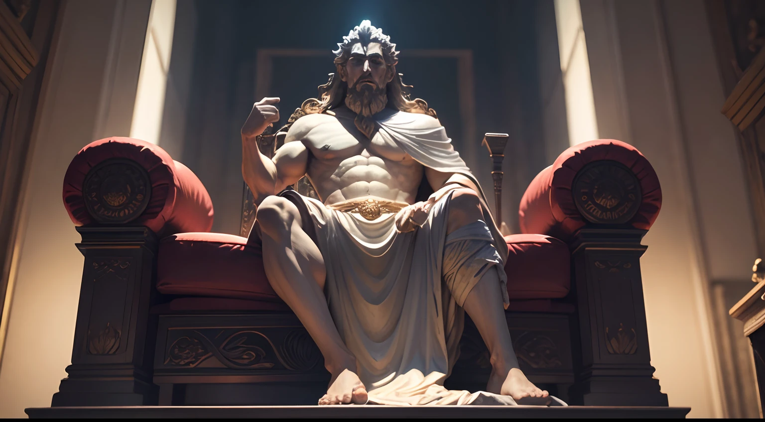 Strong Stoic statue, with an expression of anger, usando manto e tunica longo sobre todo o corpo, Noite escura, sentada em um trono, fundo grego antigo do templo, 35 mm, lateralmente, Filmado em Sony A7S III com Sony FE 35mm f/1.8, 12.1 MP, --AR 3:2 --estilo cru