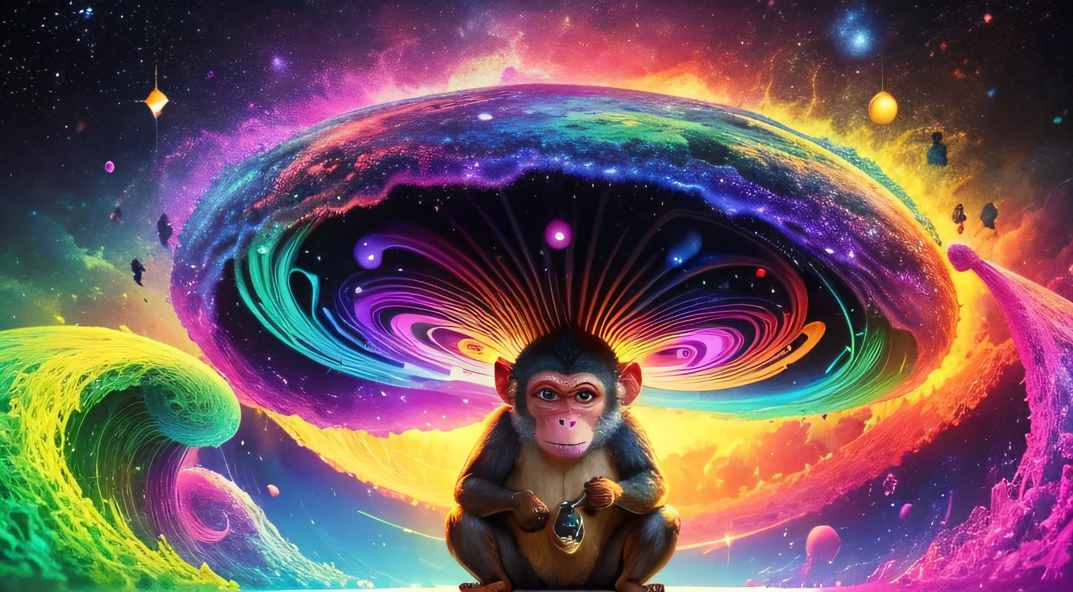 Monkey realising the mysteries of the universe, psychedelic mushroom, masterpiece, inspiring, einstein