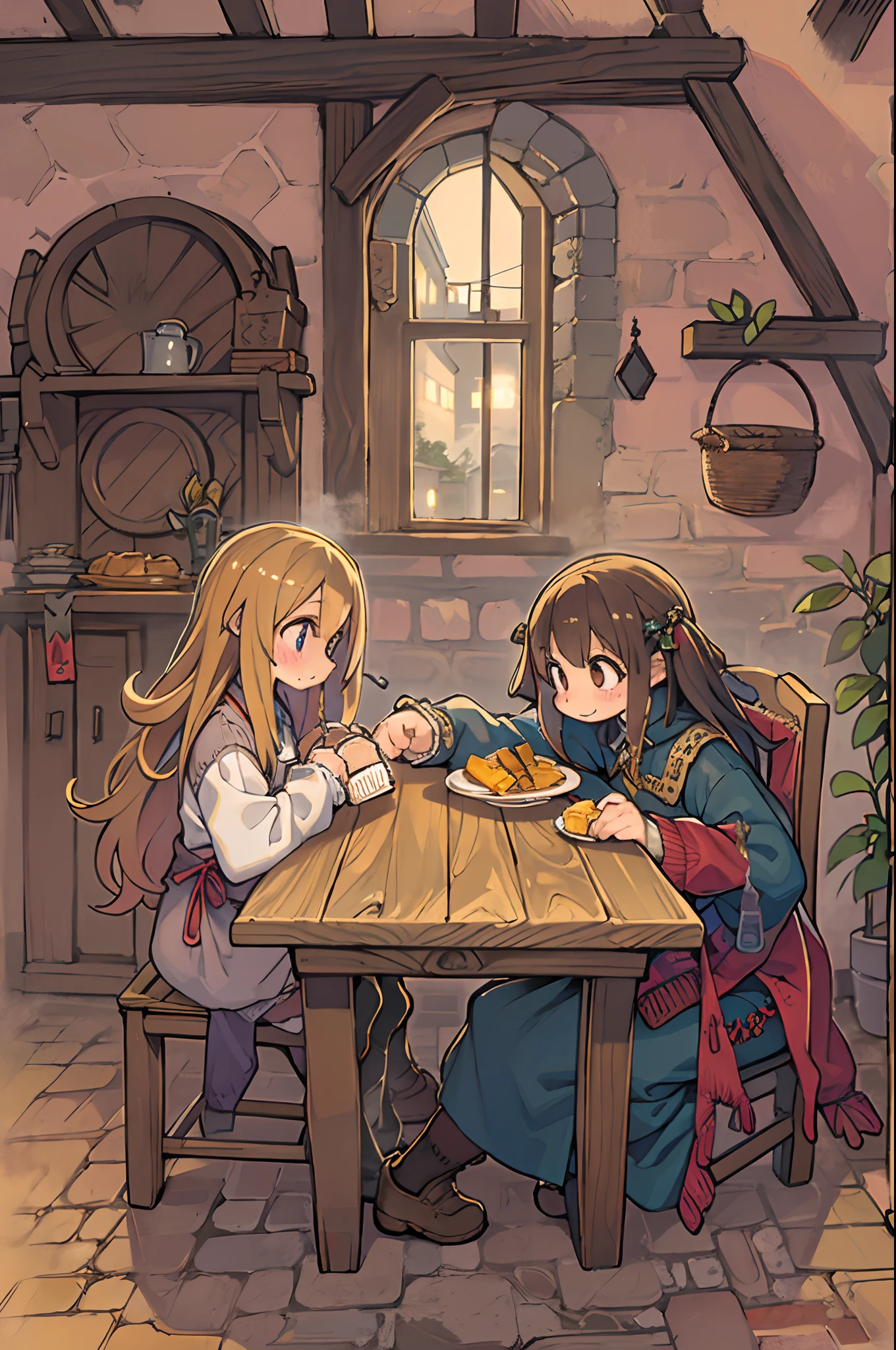Rural, Medieval, inn, Indoors, humble, The table, a chair, Dinner Plate, quadratic, Pibix ,2girls