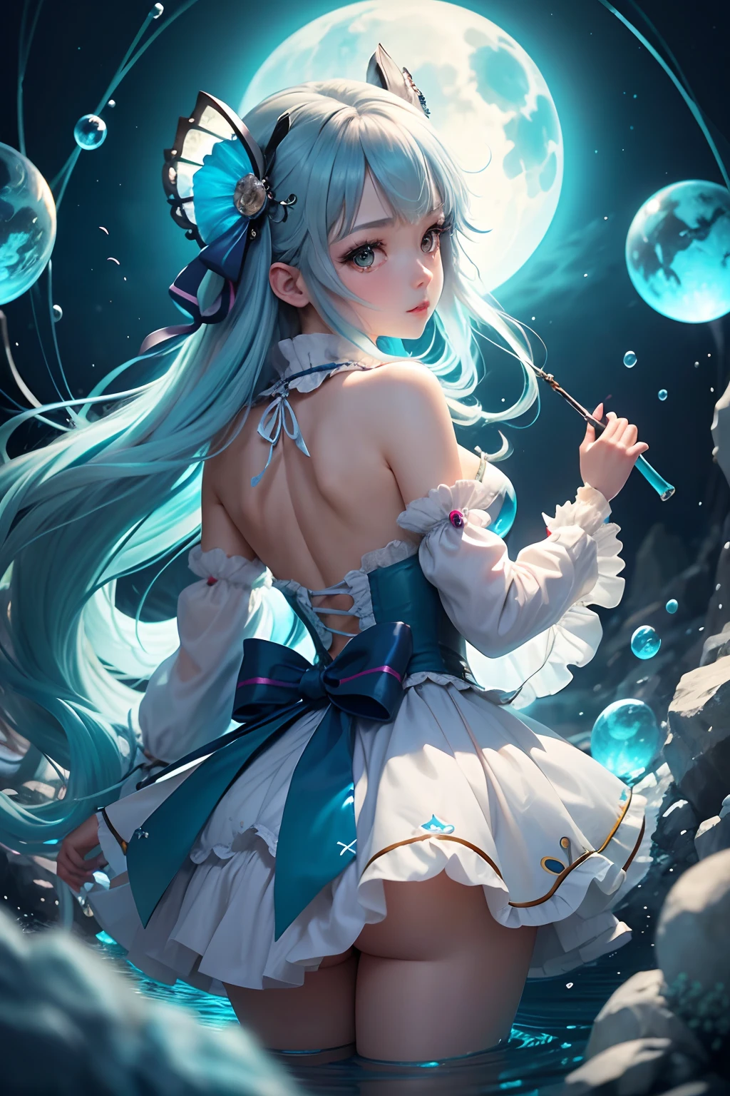 (cancer zodiac) there is a woman with grey glowing cyan hair on underwater with glowing cyan fish, Godest of the sea, spider arm attatched on back, anime girl cosplay, anime girl in real life, anime style mixed with fujifilm, portrait of magical ta girl, cute kawaii girl, anime cosplay, beautiful anime style, lolityle, anime style, cute anime girl, beautiful anime girl, artwork in the style of guweiz, night background with moon